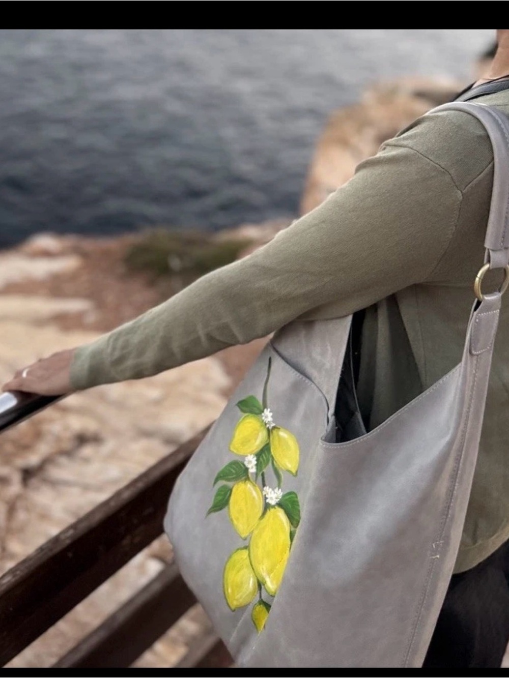 Handpainted grey Tote Bag with Yellow Lemon Design